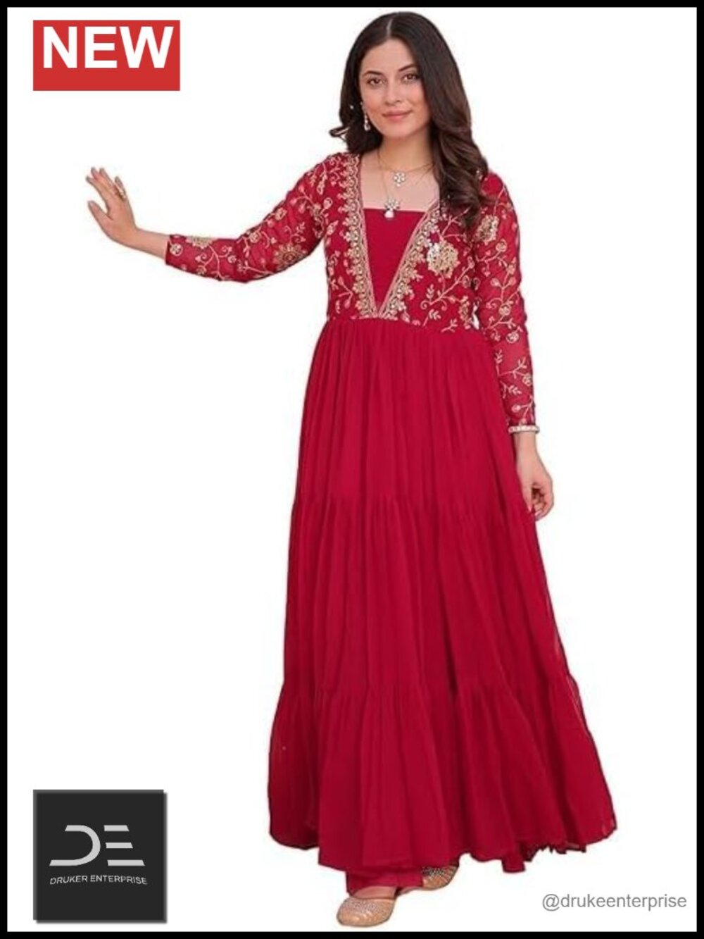 Embroidered Georgette Anarkali Dress Long Ethnic Gown Full Sleeves